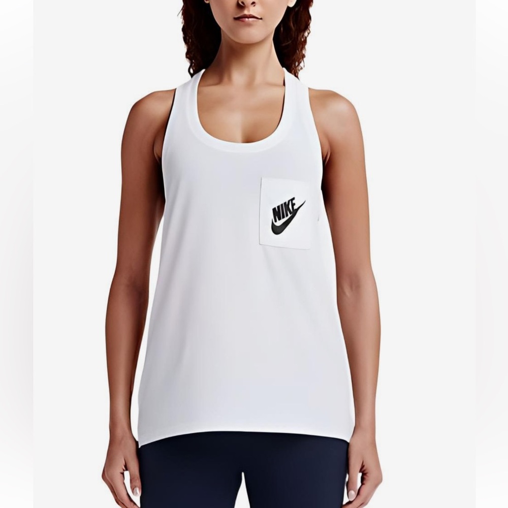 Nike S white w black logo pocket front sleeveless athletic racer back tank top